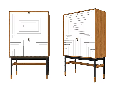 Pair of Modern Accent Cabinets with White Geometric Pattern Doors Wooden Frame and Black Legs 3d model