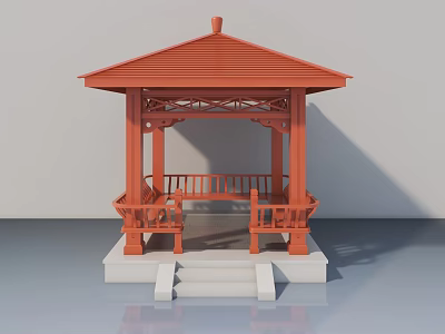 Red Gazebo Featuring Flat Open Door Wooden Benches And Steps 3d model