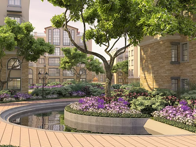 Serene Lush Garden Landscape Around Residential Buildings With Trees Flower Beds and Reflecting Pond 3d model