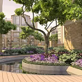 Serene Lush Garden Landscape Around Residential Buildings With Trees Flower Beds and Reflecting Pond