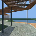 Wooden Pergola With Lattice Roof Black Columns And Waterfront Stone Pavement