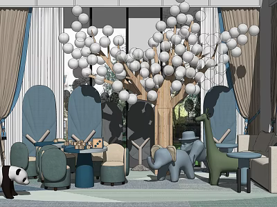 Kids Table With Panda Elephant Giraffe Shaped Chairs Balloon Tree And Board Game 3d model
