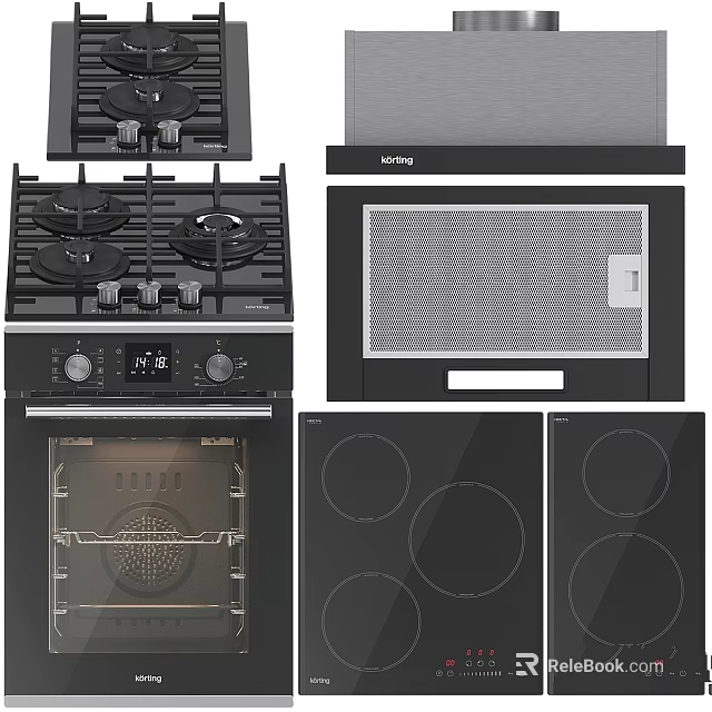 Modern Black Kitchen Appliances Set With Gas Stove Oven Range Hood And Induction Cooktop 3d model 