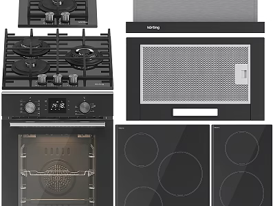Modern Black Kitchen Appliances Set With Gas Stove Oven Range Hood And Induction Cooktop 3d model