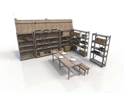 Modern Display Space With Multiple Wooden Shelves Table Bench And Items 3d model