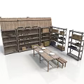 Modern Display Space With Multiple Wooden Shelves Table Bench And Items 3d model