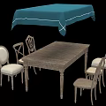 Elegant Dining Table Set With Blue Tablecloth And Six Ornate Back Chairs 3d model