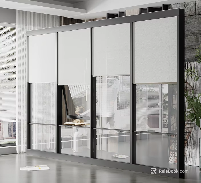 Modern Floor To Ceiling Windows With White Blinds In Bright Interior Space Design 3d model 