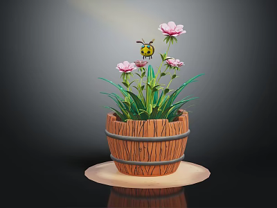Green Plants With Pink Flowers In Wooden Barrel Pot And Bee 3d model