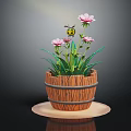 Green Plants With Pink Flowers In Wooden Barrel Pot And Bee