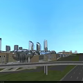 Modern Commercial Street with Glass Dome and Overpass Green Lawn Near High Rise Buildings