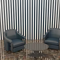 Leisure Sofa Set with Armchairs Round Coffee Table Black White Striped Wall and Patterned Tile 3d model