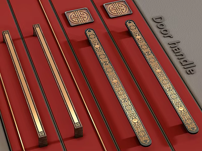 Golden Decorative Door Handles on Red Background With Intricate Patterns And Classic Design 3d model