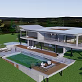 Modern Detached Villa With Large Windows Terrace Swimming Pool Surrounded By Green Lawn And Trees