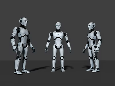 Three Humanoid Robots As Game Movie Characters With White Black Futuristic Design 3d model