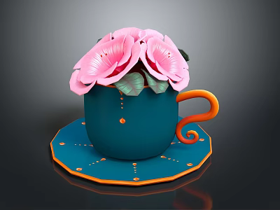 Blue Cup with Orange Curved Handle on Blue Coaster Featuring Orange Dots and Pink Flowers 3d model
