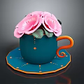 Blue Cup with Orange Curved Handle on Blue Coaster Featuring Orange Dots and Pink Flowers