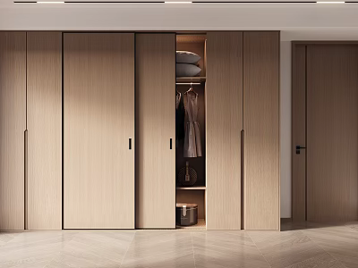 Modern Light Wooden Wardrobe With Open Section Hanging Clothes And Folded Items 3d model
