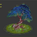 Cartoon Scene of Tree with Green Leaves Trunk Grass Stones and Small Flowers