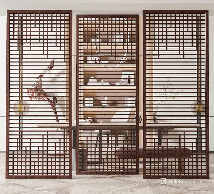 Wooden Lattice Room Divider In Modern Interior Design With Grid Pattern And Decorative Elements 3d model 