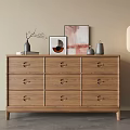 Wooden Entryway Cabinet Sideboard With Decorative Vases Frames And Pendant Light