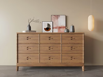 Wooden Entryway Cabinet Sideboard With Decorative Vases Frames And Pendant Light 3d model