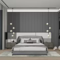 Modern Minimalist Bedroom Featuring Striped Accent Wall Pendant Lights Nightstands And Wooden Floor
