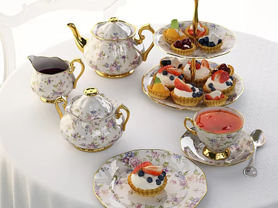 Delicate Floral Teaware Set with Teapots Teacups Saucers and Fruit Topped Tarts on White Tablecloth 3d model