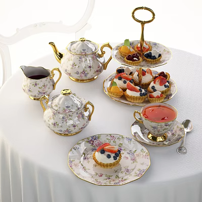 Delicate Floral Teaware Set with Teapots Teacups Saucers and Fruit Topped Tarts on White Tablecloth 3d model