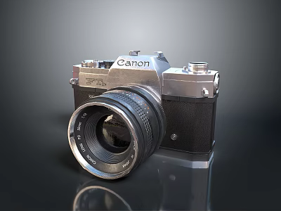 Canon Vintage Camera With Silver Black Body And Lens On Reflective Surface 3d model