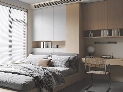 Tatami Bedroom Interior With Gray Bedding Window Blinds Wooden Cabinets Desk Table Lamp And Bookshelf 3d model