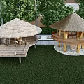 Garden Ornaments With Thatched Pavilions Wooden Platforms And Lush Green Trees
