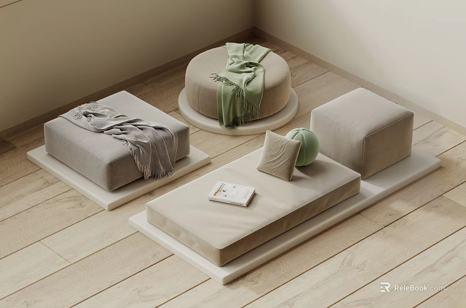Light Colored Minimalist Cushions Ottomans With Blankets Pillows And Small Book On Wooden Floor 3d model 