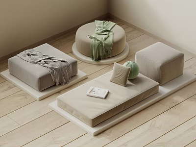 Light Colored Minimalist Cushions Ottomans With Blankets Pillows And Small Book On Wooden Floor 3d model