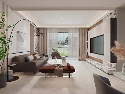 Modern Living Dining Room Interior With Sofa TV Floor to Ceiling Window and Green Plant 3d model