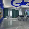 Modern Exhibition Hall Featuring Blue White Design Central Circular Structure And Interactive Touch Screens