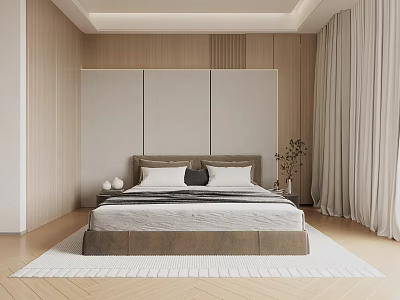 Modern Bedroom Interior With Upholstered Headboard Pillows Light Curtains And Wooden Flooring Area Rug 3d model