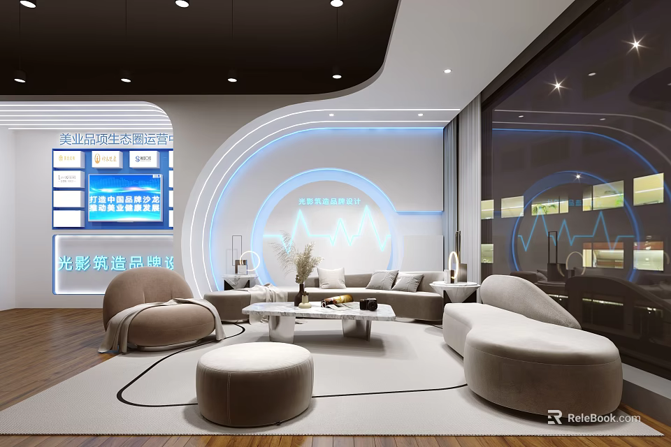 Hotel Public Lounge Area Featuring Modern Circular Design Sofas Coffee Tables Floor-to-Ceiling Windows Blue Lighting 3d model 