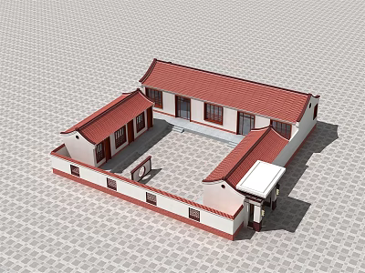 Traditional Chinese Detached Villa with Red Roof White Walls and Courtyard Design 3d model