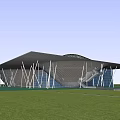 Modern Architectural Structure With Large Canopy Roof Over Water And Green Lawn
