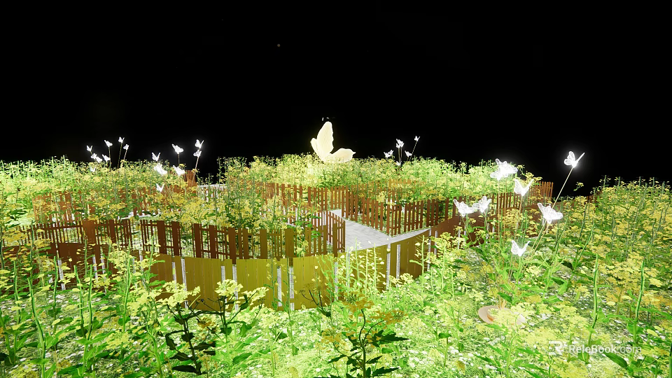 Magical Garden With Fence Green Plants White Flowers Floating Yellow Butterfly And Starry Night Sky 3d model 
