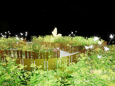 Magical Garden With Fence Green Plants White Flowers Floating Yellow Butterfly And Starry Night Sky 3d model