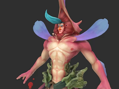 Fantasy Character And Mythical Creature Teal Hair Muscular Torso Blue Pink Wings Green Leafy Garment 3d model