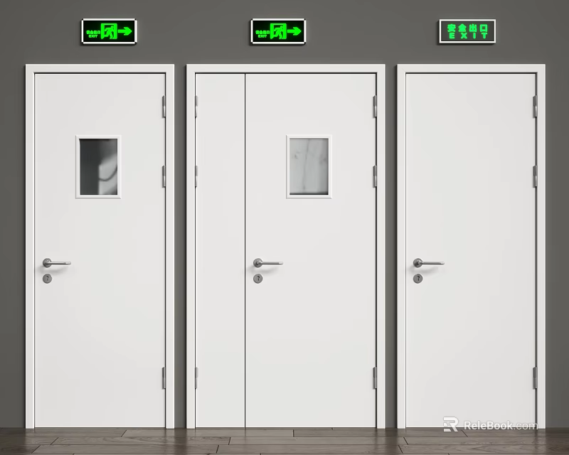 Three White Safety Doors With Small Windows And Green Exit Signs 3d model 
