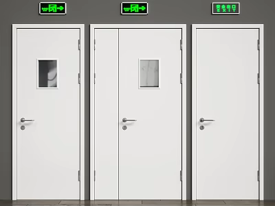 Three White Safety Doors With Small Windows And Green Exit Signs 3d model