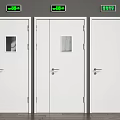 Three White Safety Doors With Small Windows And Green Exit Signs