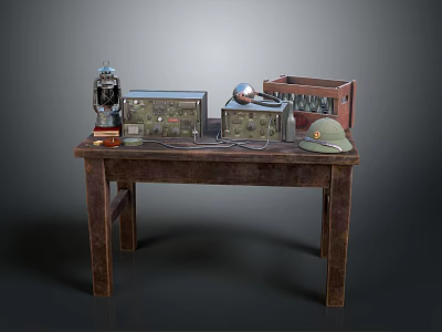 Vintage Household Items Display on Wooden Table with Old Radio Metal Container Hat and Lamp 3d model