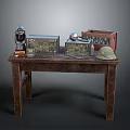 Vintage Household Items Display on Wooden Table with Old Radio Metal Container Hat and Lamp