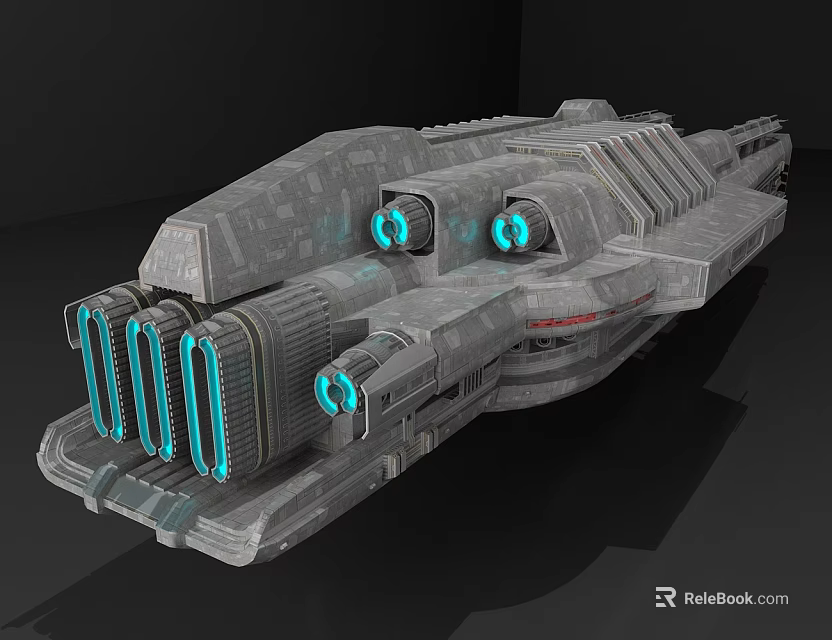Futuristic Sci Fi Spaceship With Gray Metallic Hull And Blue Glowing Engines 3d model