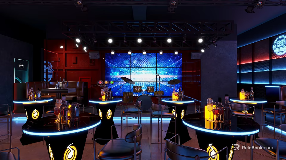 Modern Bar Interior With Blue Lit Backdrop Round Counters Black Chairs Neon Accents 3d model 